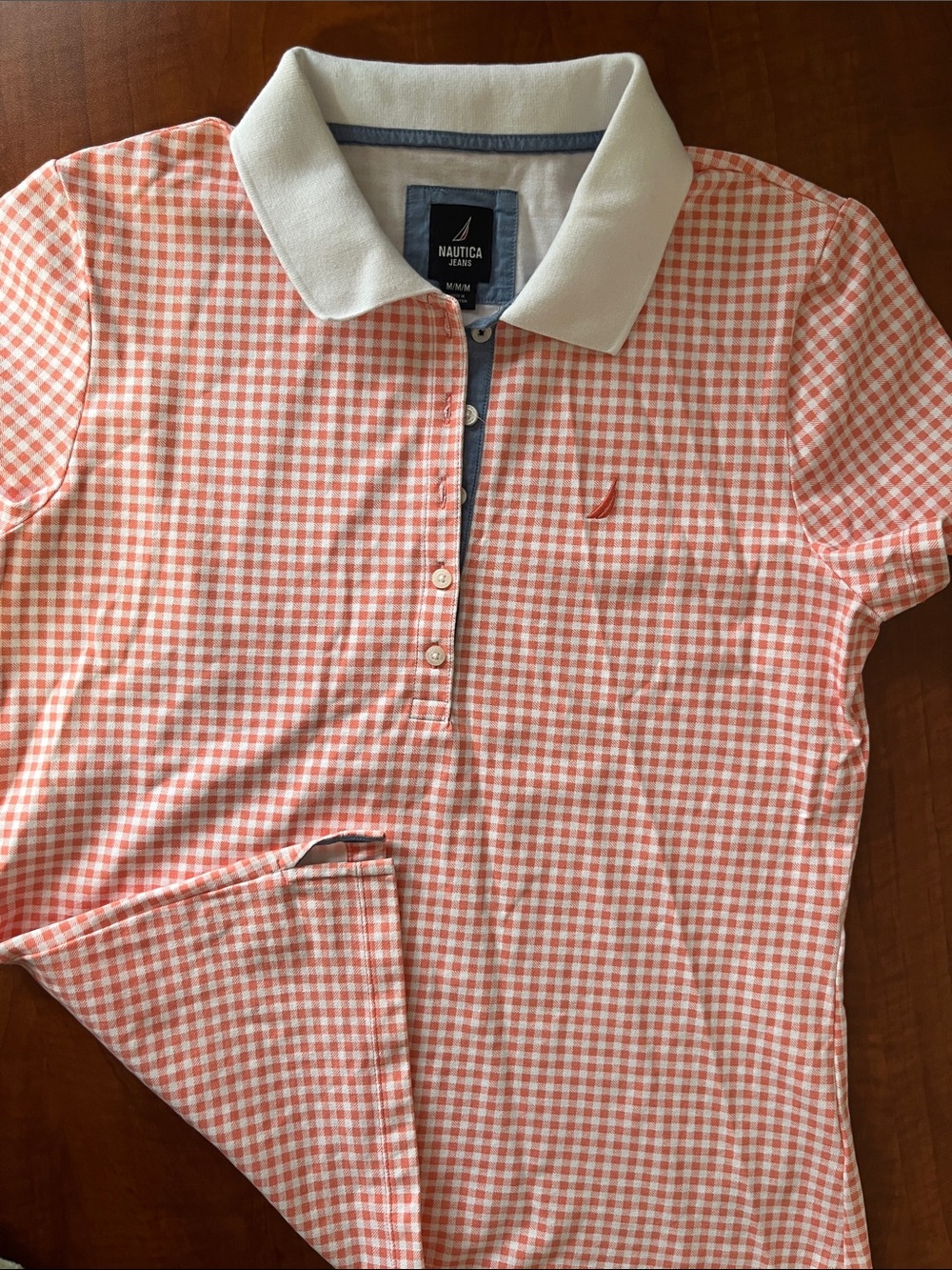 Nautica Orange and White Gingham Polo with White Collar